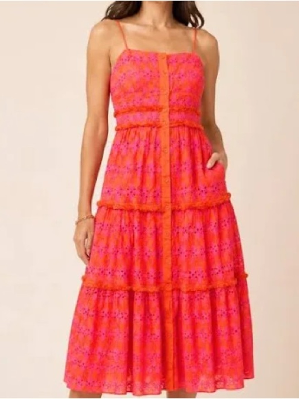 J.Crew orange and pink tiered eyelet prairie dress Sz 6